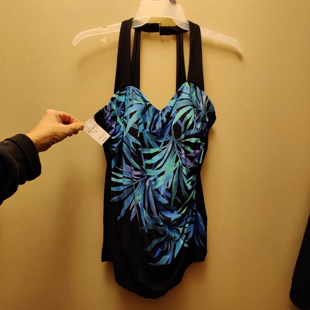Black and Blue Womens  Tropical Print Swimsuit Size 16 Lands End NWT